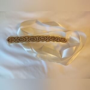 Elegant Gold/Cream Beaded Ribbon Sash Size Small
